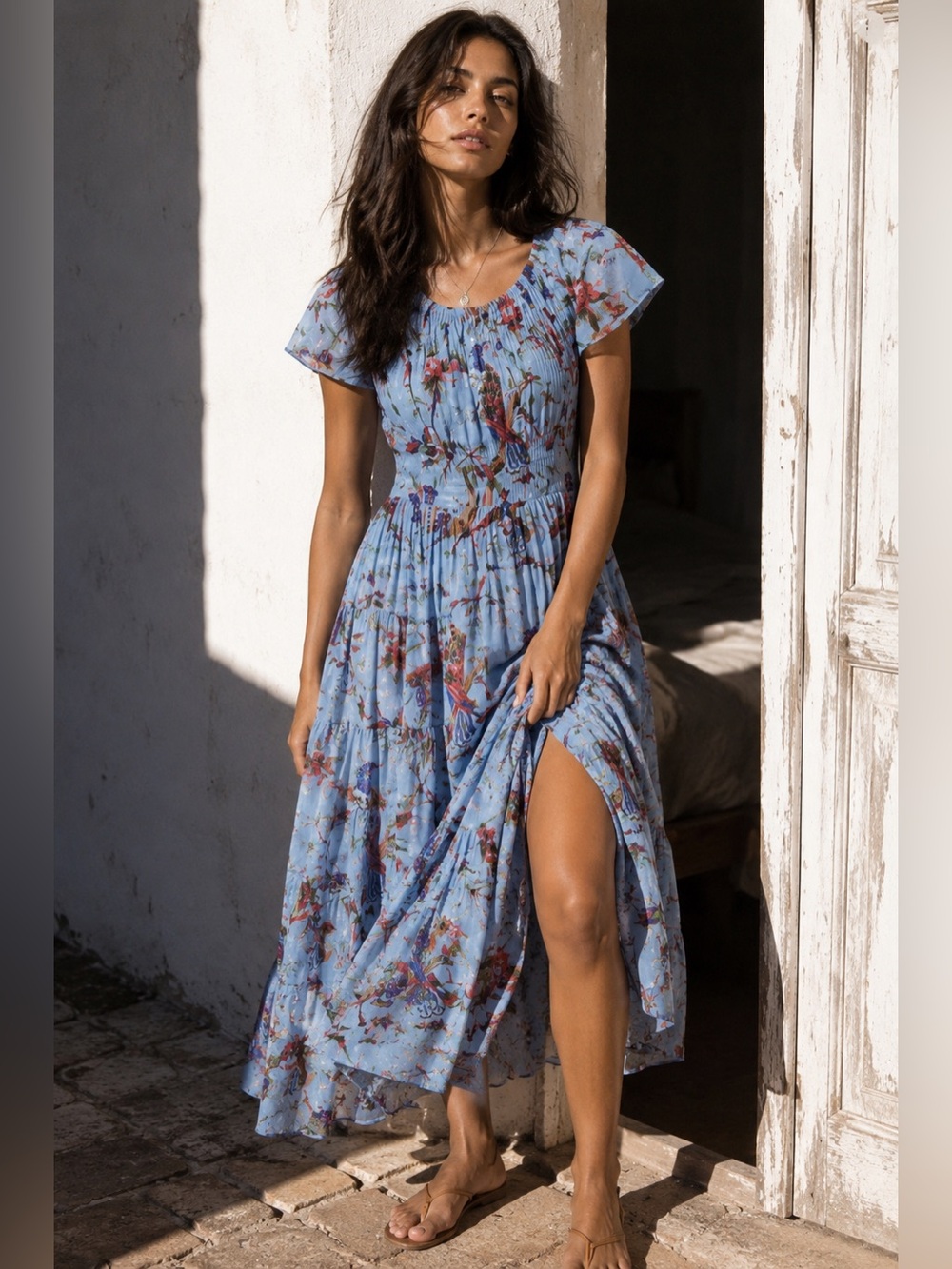 Guadalupe Blue Bird Floral Cotton Smocked Tiered Maxi Dress